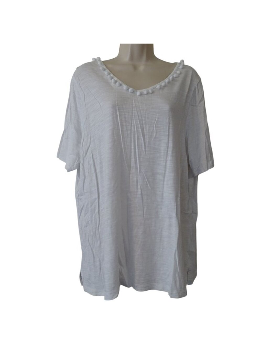 Belle Kim Gravel White Pom Pom Trim Short Sleeve Top Women Size XL Coastal